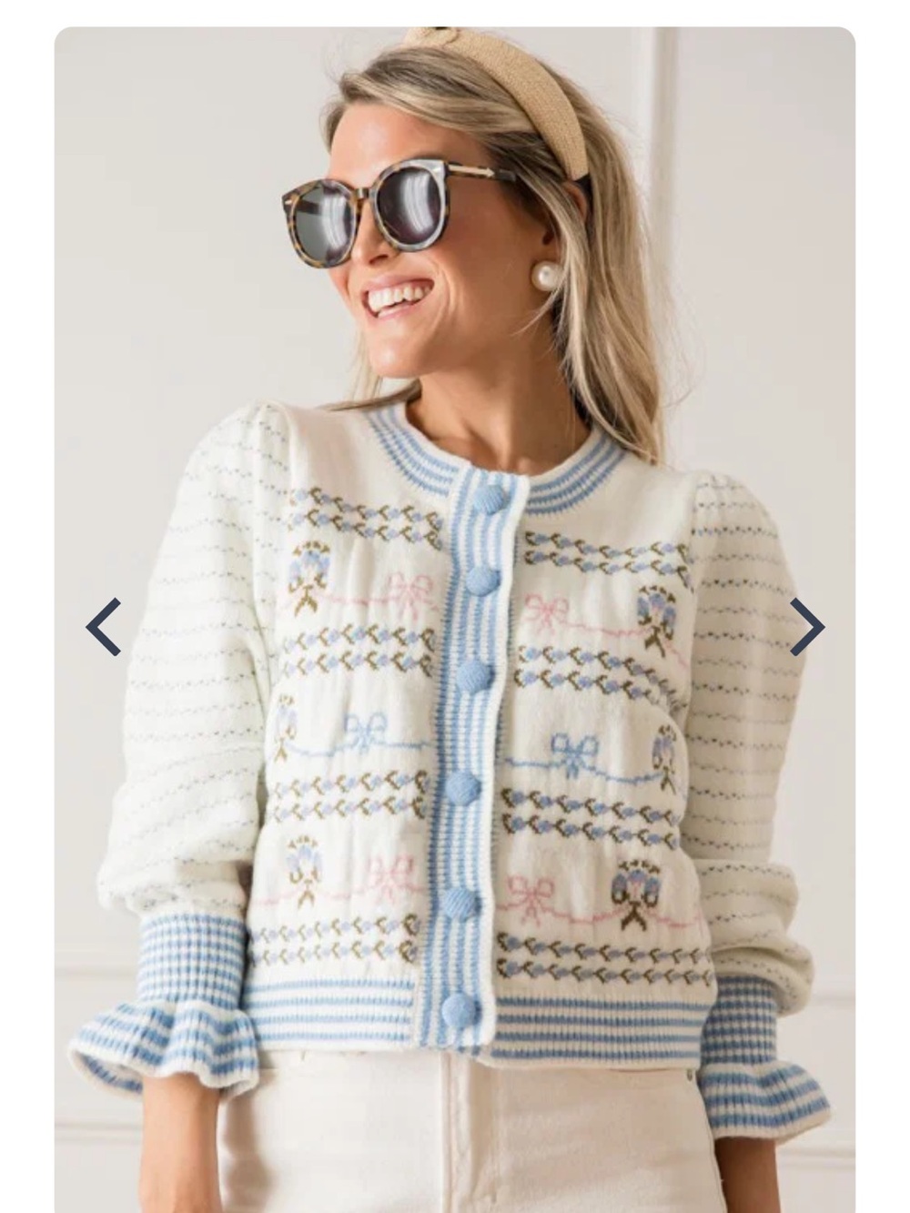 Soft White Knit Cardigan with Light Blue Ruffles and Bows Details